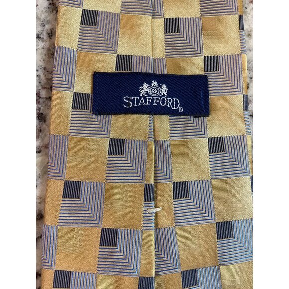 Stafford Mens Silk Neck Tie Made in USA Gold Gray Square Geometric Work Dad Tie - Picture 4 of 5